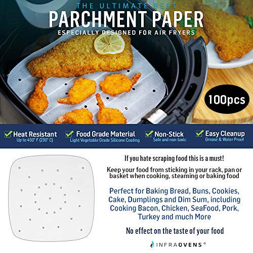 Air Fryer Perforated Parchment Paper Liners Compatible with Philips, NuWave® Brio, Chefman, Secura, Black Decker +More | Bundle Set of 100 Sheets + Baking Accessories by Infraovens (XXXL)