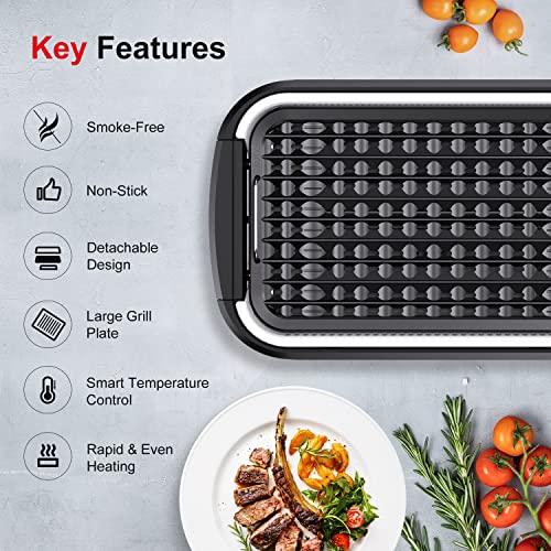 Smokeless Indoor Grill, Bonsenkitchen Electric Grill Indoor with Tempered Glass Lid, Removable Non-Stick Grill & Griddle Plates, LED Smart Temperature Control, Smoke Free Design, 1500W (Blcak)