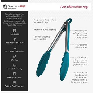 StarPack Basics Silicone Kitchen Tongs 9-Inch - Stainless Steel with Non-Stick Silicone Tips, High Heat Resistant to 480°F, For Cooking, Serving, Grill, BBQ & Salad (Teal Blue)
