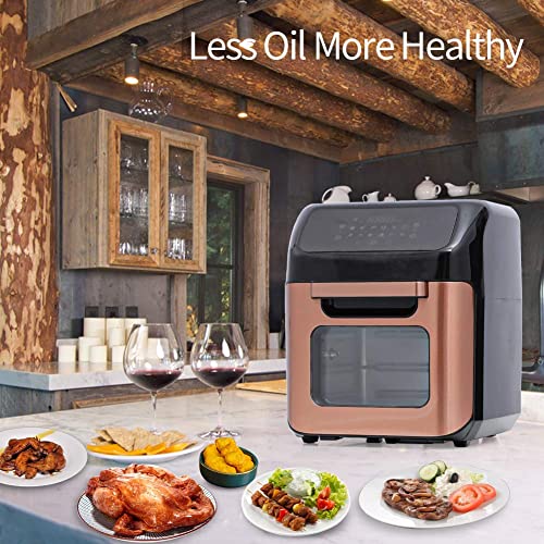 Fit Choice 12.7 Quart 10 in 1 XLarge Capacity Air Fryer Oven, 10 Accessories, 10 Easy Presets W/ Digital Touch Screen Controls & Integrated Digital Temperature Probe, Advanced Program, Sear, Stage, Preheat, Delay, Warm, Rotisserie, W/Light, Come W/ Never Rust Stainless Steel Crisper Trays, Drip Tray, Round Basket, Rotisserie Shaft, Skewers Racks, Rotisserie Spit Assembly & Insertion, Rotisserie Fetch Tool, Fry Basket Handle, 8 Recipes, ETL Approved 180°F-400°F, 120V, 1700W (Gold)