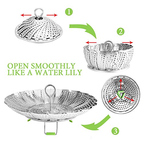 Vegetable Steamer Basket,Stainless Steel Folding Steamer Basket Insert for Cooking Veggies/Fish Seafood/Boiled Eggs with Safety Tool,Adjustable Sizes to fit Various Pots(5.5" to 9")