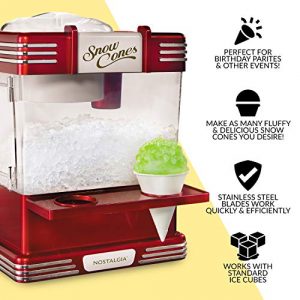 Nostalgia RSM602 Countertop Snow Cone Maker Makes 20 Icy Treats, Includes 2 Reusable Plastic Cups & Ice Scoop, Retro Red