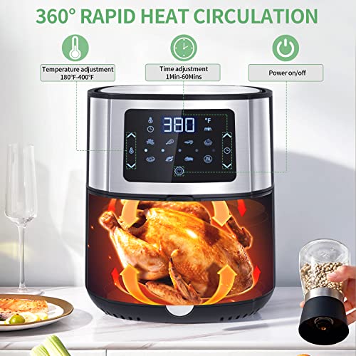 Moochain Stainless Steel Air Fryer 6 Quart, Large Oven Oilless Cooker with Digital Touch Screen, Nonstick Air Fryer Basket, Multiple Cooking Presets, Dishwasher Safe, Cookingbook of Chef Curated Recipes