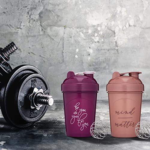[2 Pack] 20-Ounce Shaker Bottle with Motivational Quotes (Be You Plum & Mind Over Matter Rose) | Shaker Cup Set with Wire Whisk Balls | Protein Shaker Bottle Multipack is BPA Free and Dishwasher Safe