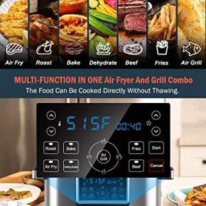 Grill and Air Fryer Combo, CATTLEMAN CUISINE 10-in-1 Indoor Electric Grill, Stainless Steel Air Fryer Grill with Air Grill, Air Fryer, Roast, Bake, Dehydrate, Beef & Fries, 6.5QT, Silver