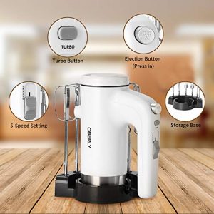 Hand Mixer Electric 2021 Upgrade, OBERLY 400W Power 5-Speed Electric Handheld Mixer with Turbo Boost, Eject Button, Storage Base with 6 Stainless Steel Attachments (2 Beaters, 2 Dough Hooks and 2 Whisk)