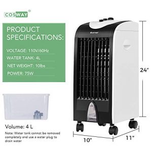 COSTWAY Evaporative Cooler, Portable Cooling Fan with Fan and Humidifier, 3-Mode, 3-Speed, Include Ice Crystal Boxes, Water Tank and Casters, Bladeless Air Cooler for Home Office Dorms, White+Black