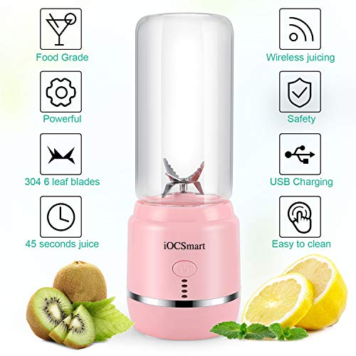 iOCSmart Portable Personal Size Blender, USB Rechargeable Mini Juicer Blender for Smoothies and Shakes with 2 Juicer Cup, 4000mAh High Capacity Batteries (Pink)