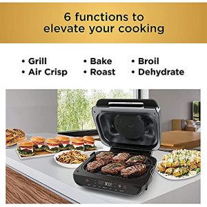 Ninja FG551H Foodi Smart XL 6-in-1 Indoor Grill with 4-Quart Air Fryer Roast Bake Dehydrate Broil and Leave-in Thermometer, with Extra Large Capacity (Renewed) (Stainless Steel)
