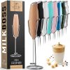 Zulay Milk Frother Handheld Foam Maker With Upgraded Holster Stand - Powerful Coffee Frother Electric Handheld Mixer - Battery Operated Frother For Coffee with Stainless Steel Electric Whisk (Maple)