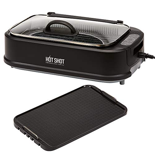 Hot Shot Smokeless Grill Indoor Use Electric, Compact and Portable Grilling Grill Grate and Griddle Plate Removable Kitchen Tabletop, Backyard NonStick Cooking Surfaces