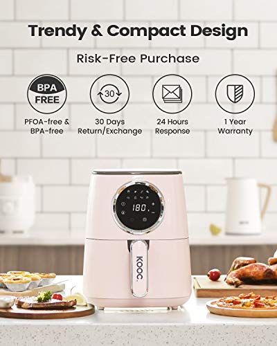 [NEW] KOOC Large Air Fryer, 4.5-Quart Electric Hot Oven Cooker, Free Cheat Sheet for Quick Reference Guide, LED Touch Digital Screen, 8 in 1, Customized Temp/Time, Nonstick Basket, Pink