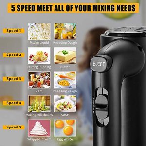 BONSO Hand Mixer, Electric 5-Speed Portable Whisk Handheld Mixer with Beaters and Dough Hooks for Whipping&Mixing Cookies, Brownies, Cakes, Dough,Batters, Meringues