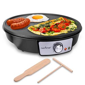 Electric Griddle Crepe Maker Cooktop - Nonstick 12 Inch Aluminum Hot Plate with LED Indicator Lights & Adjustable Temperature Control - Wooden Spatula & Batter Spreader Included - NutriChef PCRM12