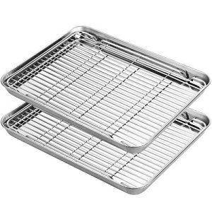 Stainless Steel Baking Sheets with Rack, HKJ Chef Cookie Sheets and Nonstick Cooling Rack & Baking Pans for Oven & Toaster Oven Tray Pans, Rectangle Size 12.5L x 10W x 1H inch & Non Toxic & Healthy