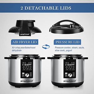 prepAmeal 8Qt Pressure Cooker & Air Fryer Combo with Pressure Lid and Air-Fry Lid - 7-in-1 cooking Modes, Easy Read LCD Display, 27 Presets Programs, & 8 Program Storage. (Silver, 8 Quart)