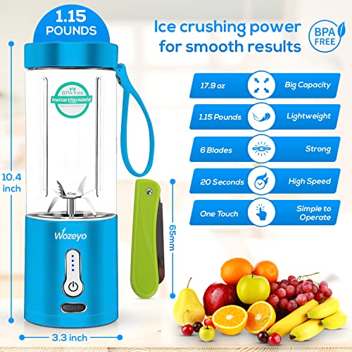 Wozeyo Portable Blender for Shakes & Smoothies (530ml) - Handheld Personal Mini Blender Smoothie Juicer Cup with 4000mAh Rechargeable Battery & Multipurpose Fruit Knife for Home Travel Office Sport - Blue