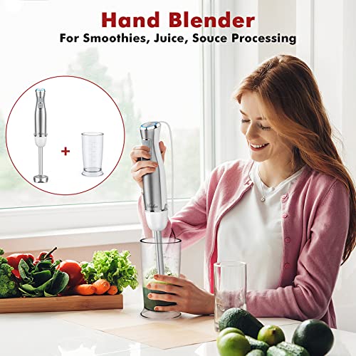 MOOKA Hand Blender, 5-in-1 Multi-Purpose Immersion Blender, 1100W 12-Speed Stick Blender, 600ml Beaker, 500ml Food Chopper, Egg Whisk, Milk Frother, White