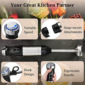 YIOU Immersion Blender, Ultra-Stick Hand Blender Variable Speed Hand Blender 500 Watt Heavy Duty Copper Motor Brushed 304 Stainless Steel for Soups Sauces and Smoothie, Set Black