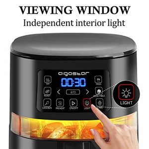 1500W Air Fryer 4.2QT, Aigostar 7-in-1 Digital Air Fryer with Viewing Window and Timer & Temperature Controls, One-Touch Presets, Nonstick Basket Oilless Hot Air Fryer Air Cooker, Black
