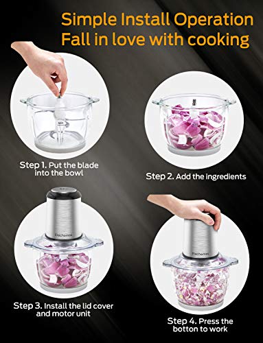Electric Food Processor & Vegetable Chopper, Elechomes High Capacity 8-Cup Blender Grinder for Meat, Onion, Powerful 300W Motor & 4 Detachable Dual Layer Stainless Steel Blades, BPA-Free Glass Bowl