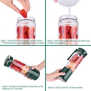Portable Blender,Personal Hand Smoothie Travel Blender Cup, Fruit Mixer, 7.4V Bigger Motor Mini Blender for Fruit Juice,Milk Shakes,Baby Food, 400ML, Rechargeable,New Sharp 6 Blades for Great Mixing（Green）