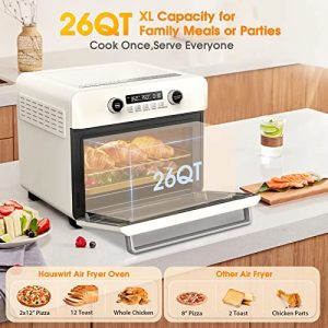Air Fryer Toaster Oven, Hauswirt XL 26.5 QT Countertop Convection Oven Combo, 10-in-1 12-Slice Bake Broil Roast Rotisserie Dehydrator, 1200 Watts, Stainless Steel Cream White, Online Recipes Available