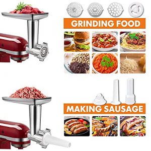 Metal Meat Grinders Attachments for All Kitchenaid Stand Mixers, Electric Food Processor Veggies Shredder Kitchen Aid Mixer Accessories with 2 Sausage Stuffer and 4 Grinding Blades (Silver)