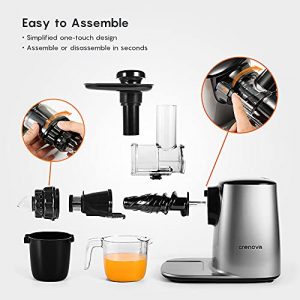 Slow Juicer Machine, Crenova Cold Press Masticating Juicer with 95% Juice Yield, Low Noise, Portable Bottle, Brush, Vegetable & Fruit Juice Recipes, Easy to Assemble & Clean