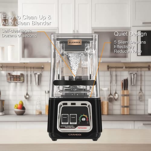 CRANDDI Best Quiet Blender, Professional Countertop Blender with Removable Shield, 2200W Strong Motor, 52oz BPA-free Jar for Shakes and Smoothies, Self-Cleaning, K80 Black