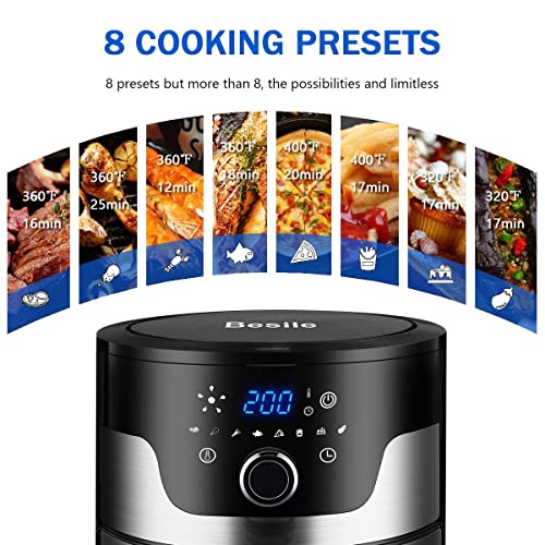 Besile 8-in-1 Basket Air Fryer Touch Cooking Programs, Digital Touchscreen, Rotary knob,Large Non-Stick Fryer Basket, and 3.7 Quart Capacity, Black