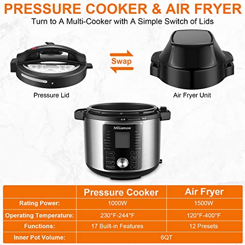 Nictemaw 17-in-1 Electric Pressure Cooker, 6QT Instapot Air Fryer Pressure Cooker Combo with Dual Control Panel, Slow Cooker Pressure Cooker & Air Fryer that Steams, Multi-Cooker, Reversible Rack & Recipe Book