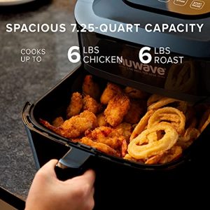 NUWAVE Brio 7-in-1 Air Fryer Oven Combo, 7.25-Qt with One-Touch Digital Controls, Fits up to 6 LB. Chicken, Easy-to-Read Cool White Display, 100 Pre-Programmed Presets & 50 Memory Slots to Save & Recall Favorite Recipes, 50°-400°F Temperature Controls in 5° Increments, Linear Thermal (Linear T) for Perfect Results, Powerful 1800 Watts - 3 Wattage Settings 700, 1500, & 1800, Non-Stick Air Circulation Riser & Never-Rust Reversible Stainless Steel Rack Included