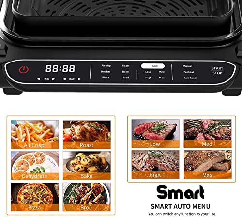 Geek Chef Smart Indoor Grill & Air Fryer Combo,7-in-1 Smokeless Electric Countertop Griddle,with Removable Non-stick Grill Plate,6 Steak,6-Serving, Fast Heat Up,Precise Control,Easy to Clean,E-Recipes & Accessories,ETL Certified,1700W,Black
