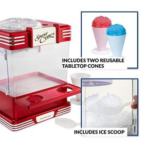 Nostalgia RSM602 Countertop Snow Cone Maker Makes 20 Icy Treats, Includes 2 Reusable Plastic Cups & Ice Scoop, Retro Red