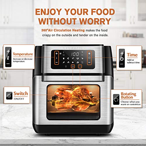 CROWNFUL 10.6 Quart Air Fryer, 10-in-1 Air Fryer Toaster Oven, Convection Roaster with Rotisserie and Dehydrator, Digital LCD Touch Screen, Accessories and Recipe Included