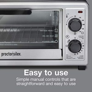 Proctor Silex 4 Slice Countertop Toaster Oven, Multi-Function with Bake, Toast and Broiler, 1100 Watts, 30 min timer and auto-shutoff, Includes Backing Pan and Rack, Black and Silver (31260)