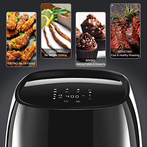 Air Fryer,6QT Large Air Fryer Oven,Airfryer Oil-less Cooker with 8 Presets,50 Recipes Books for Roast,Digital Touch Screen,Nonstick Basket,Rack and 5 Skewers,Bake,Reheat,1700W,Black