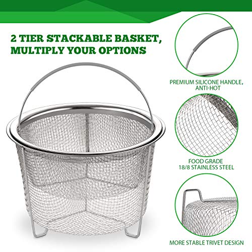 Aozita Steamer Basket for Instant Pot Accessories 6 qt or 8 quart - 2 Tier Stackable 18/8 Stainless Steel Mesh Strainer Basket - Silicone Handle - Vegetable Steamer Insert, Egg Basket, Pasta Strainer