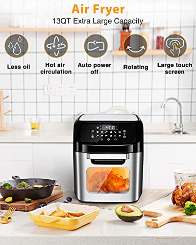 Air Fryer 13 Quart Air fryer Oven with Rotisserie Function, 10 in 1 Electric Hot Oven with 8 Cooking Accessories and Recipe, 1700W Air Fryer Toaster Oven with 9 Presets, Preheat & Defrost Function