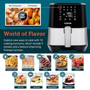 COSORI Air Fryer (100 Recipes, Rack, 11 Functions) Large Oilless Oven Preheat/Alarm Reminder, 5.8QT, Stainless steel silver