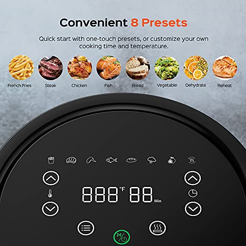 Dreo Air Fryer - 100℉ to 450℉, 4 Quart Hot Oven Cooker with 50 Recipes, 9 Cooking Functions on Easy Touch Screen, Preheat, Shake Reminder, 9-in-1 Digital Airfryer, Black, 4L (DR-KAF002)