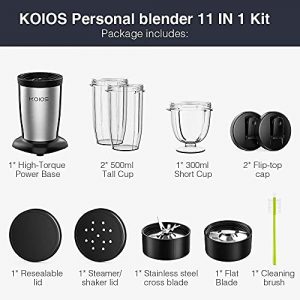 KOIOS 850W Personal Blender for Shakes and Smoothies, 11 Pieces Bullet Single Smoothie Blender for Kitchen, Small Protable Mixer with 2x17 Oz and 10 Oz Travel Bottles, 2 Spout Lids, BPA Free (Black)