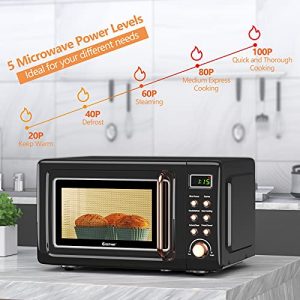 COSTWAY Retro Countertop Microwave Oven, 0.7Cu.ft, 700-Watt, High Energy Efficiency, 5 Micro Power, Delayed Start Function, with Glass Turntable & Viewing Window, LED Display, Child Lock (Gold)