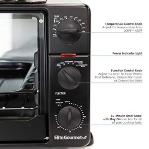 Elite Gourmet Counter Top Toaster Oven Rotisserie, Bake, Grill, Broil, Roast, Toast, Keep Warm and Steam, 23L, Black