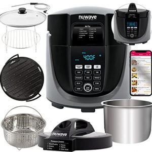 NUWAVE Duet Pressure Cooker, Air Fryer & Grill Combo Cooker with Removable Pressure and Air Fry Lids, 6qt Stainless Steel Pot, 4qt Non-Stick Air Fryer Basket, Built-In Sure-Lock Safety Technology & Integrated Digital Temperature Probe