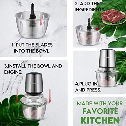 Electric Food Chopper, MOSAIC Small Food Processor with Garlic Peeler and 4 Titanium Coating Blades, 5 Cup Stainless Steel Bowl for Fruit Vegetable Nuts Onion Meat Salad Chopper