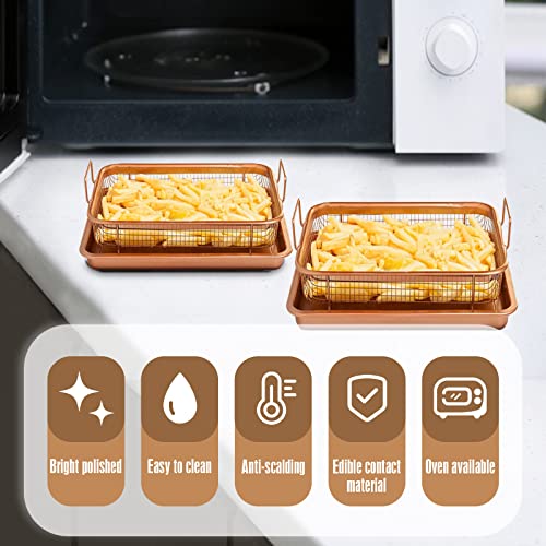 GWONGBAY 2-Piece Copper Crisper Tray,13"L x9" W Oven Pan,Copper Chef,Oven Air Fryer Tray & Mesh Basket Set,Air Fryer Pan,Microwave Bacon Tray,Broiler Pan for Oven,Baking Set Kitchen Supplies -Copper