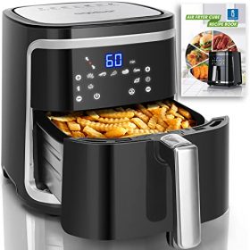 7.4 QT Air Fryer(Recipes), 9 in 1 Aigostar Air Fryer Oilless Oven with 8 Presets + Manual Mode, LED Touchscreen, Removable Nonstick Basket & Drawer Dishwasher Safe Square Design Basket.