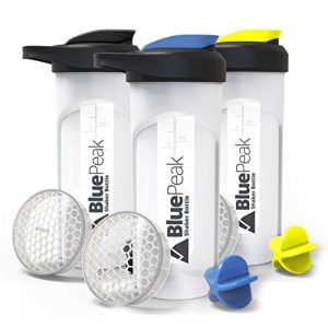 BluePeak Protein Shaker Bottle 28 oz with Dual Mixing Technology, Strong Loop Top, BPA Free, Shaker Balls & Mixing Grids Included - On-The-Go Large Protein Shakers (3 Pack - Yellow, Blue, Black)